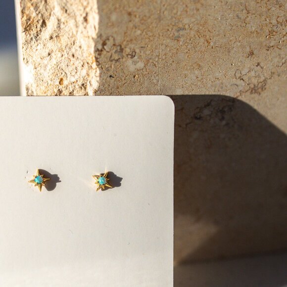 Opal Stud Earrings North Star gold studs dainty opal earrings October Birthstone - Picture 8 of 11